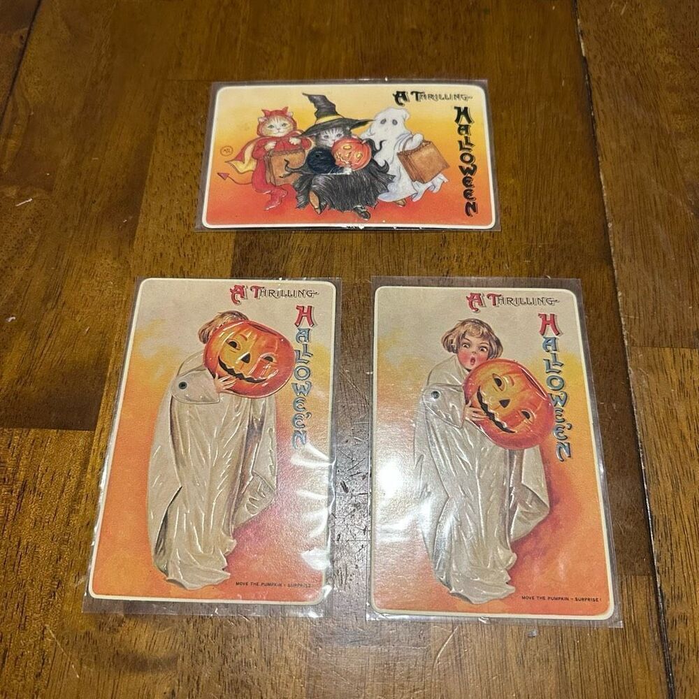 Vtg Repo Moving Action Halloween Postcards Cats & Pumpkin Girl Embossed lot of 3